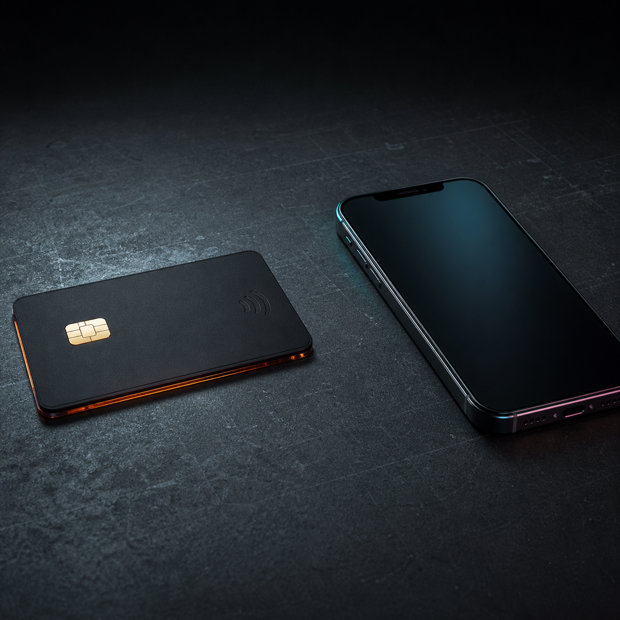 Mockup fotográfico de una tarjeta NFC real junto a un teléfono preparado para leerla